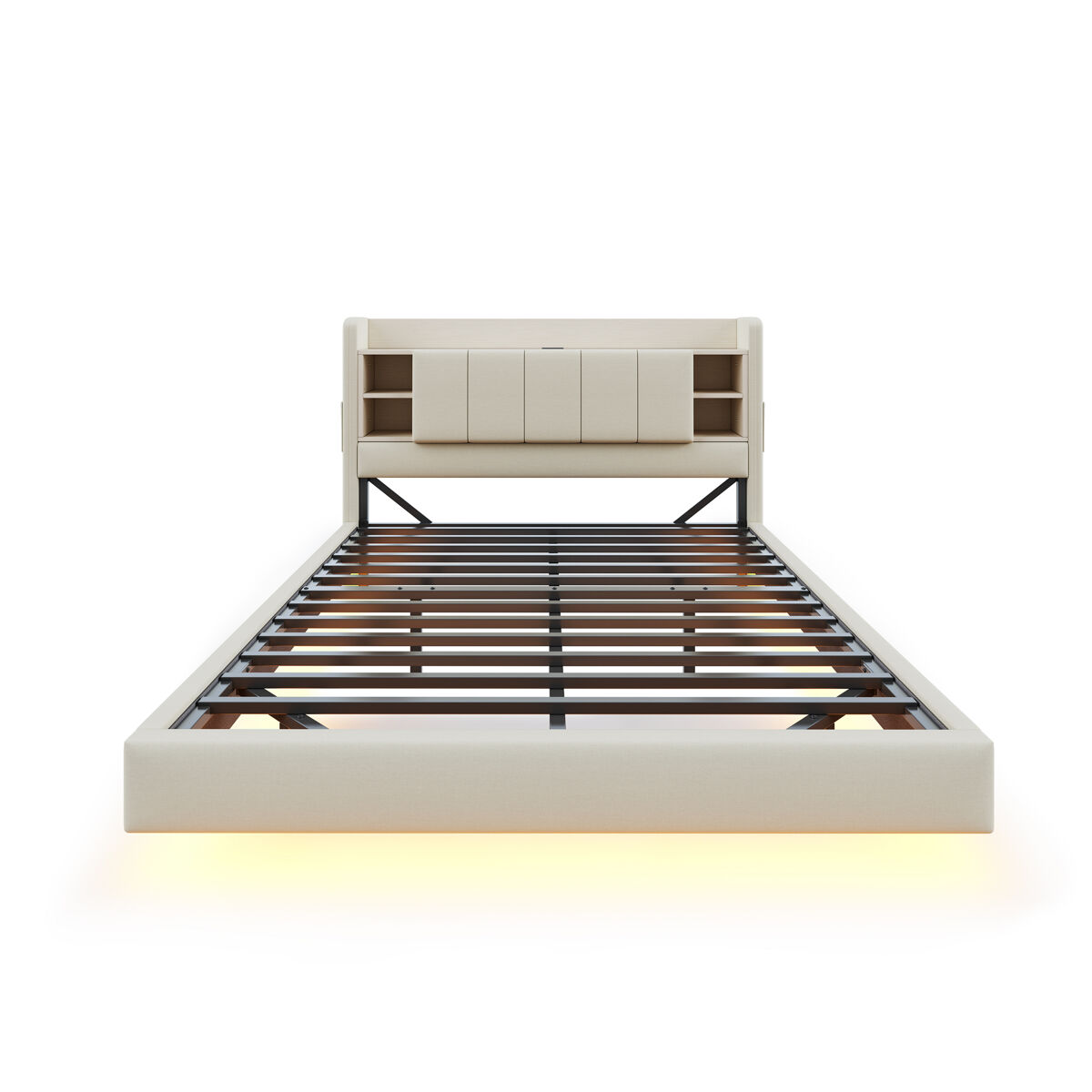 Cama estofada em linho 140x200 cm - com tomada usb + led - com base metálica - bege