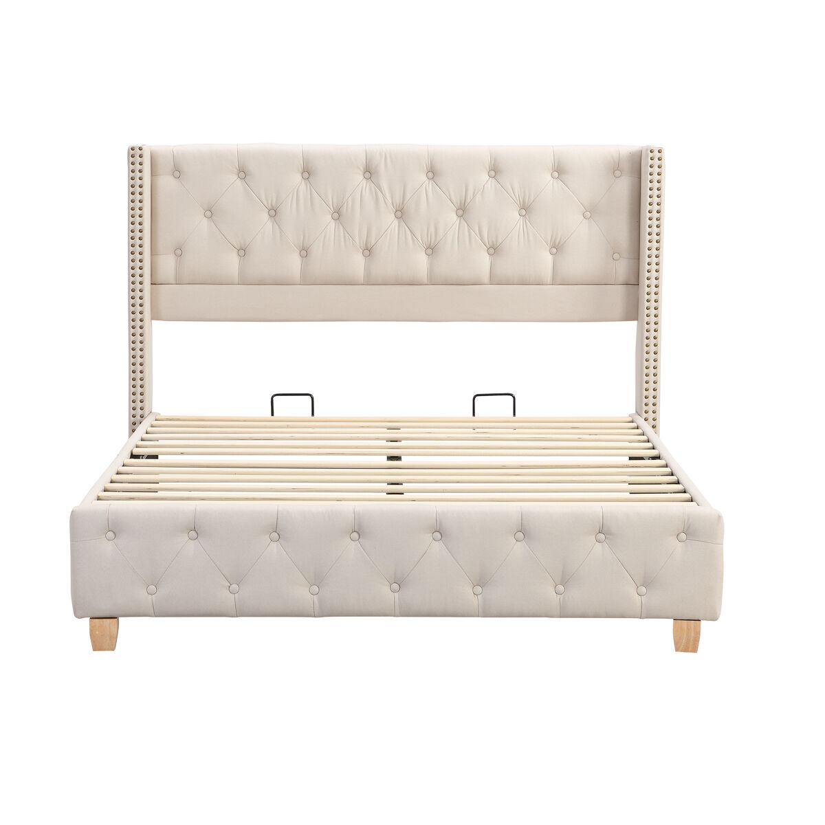 Cama de adulto estofada em linho - 140x190 cm - com estrado de molas - bege