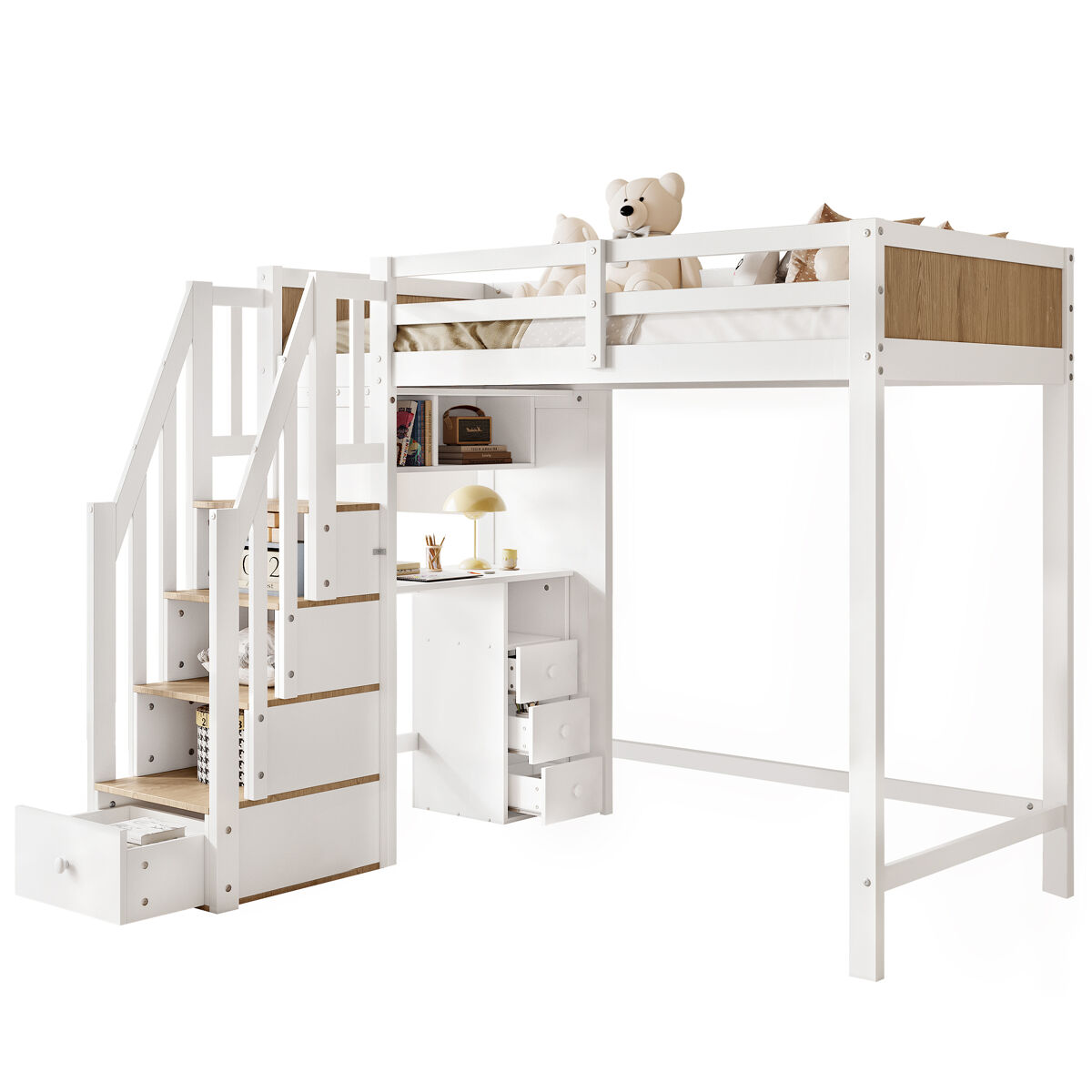 Cama alta para crianças,cama de solteiro de madeira de pinho 90x200cm com 3 gavetas,branco+natural