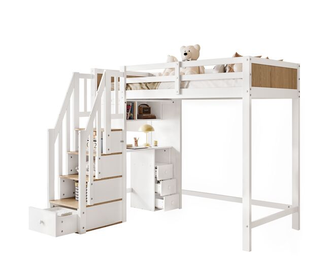 Cama alta para crianças,cama de solteiro de madeira de pinho 90x200cm com 3 gavetas,branco+natural
