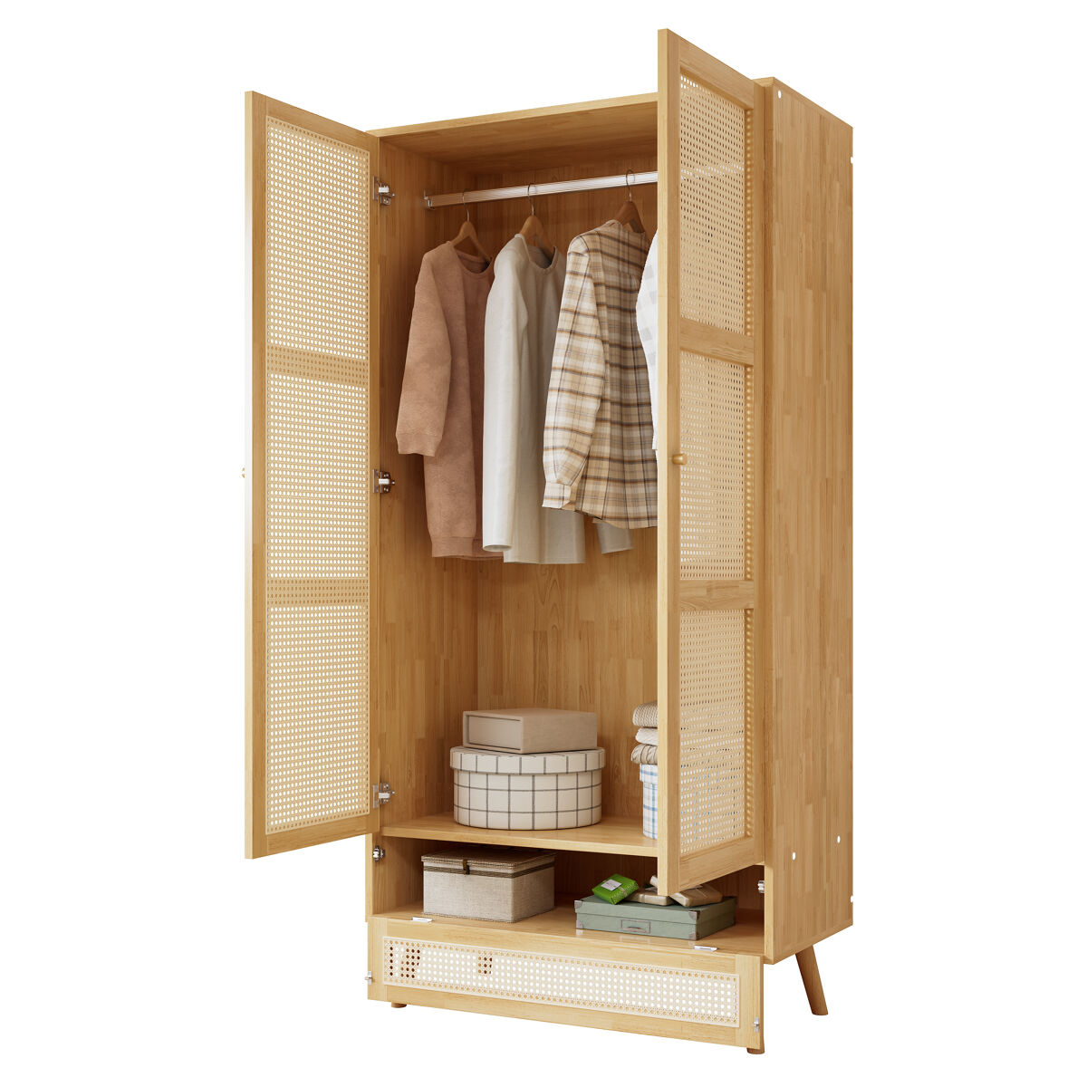 Roupeiro de painel de partículas e rattan pe com varão para cabides e 3 portas (2 portas articuladas+1 porta basculante),natural
