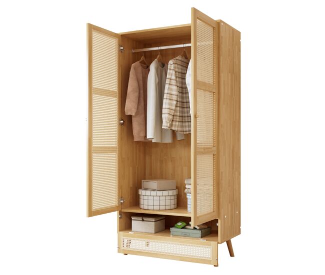 Roupeiro de painel de partículas e rattan pe com varão para cabides e 3 portas (2 portas articuladas+1 porta basculante),natural