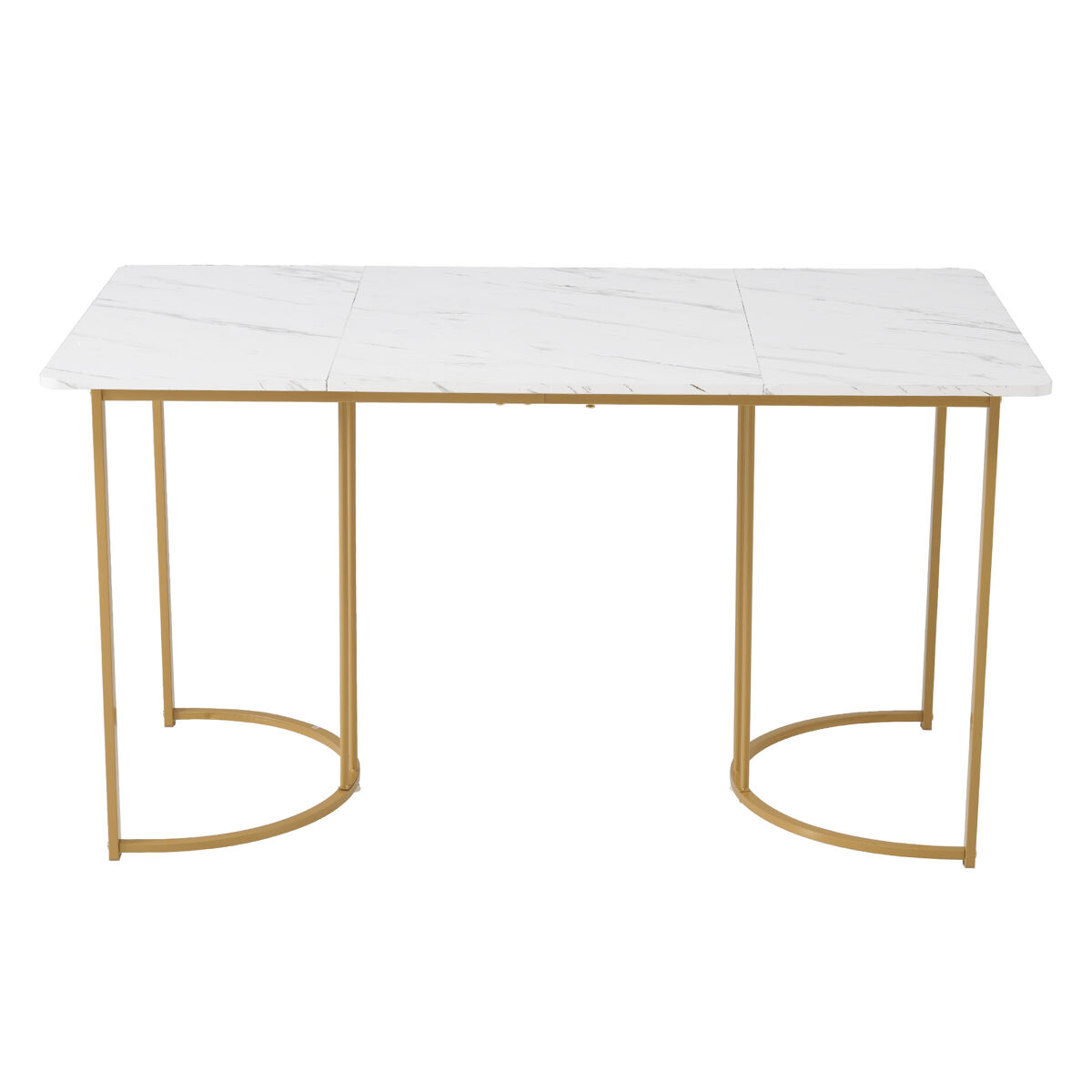Mesa de jantar 140x80 cm com pés reguláveis - estrutura metálica - folheado de mármore - branco e dourado