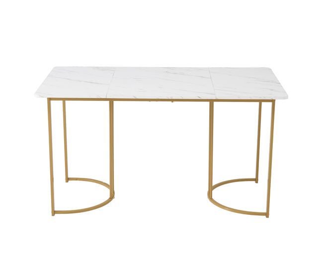 Mesa de jantar 140x80 cm com pés reguláveis - estrutura metálica - folheado de mármore - branco e dourado