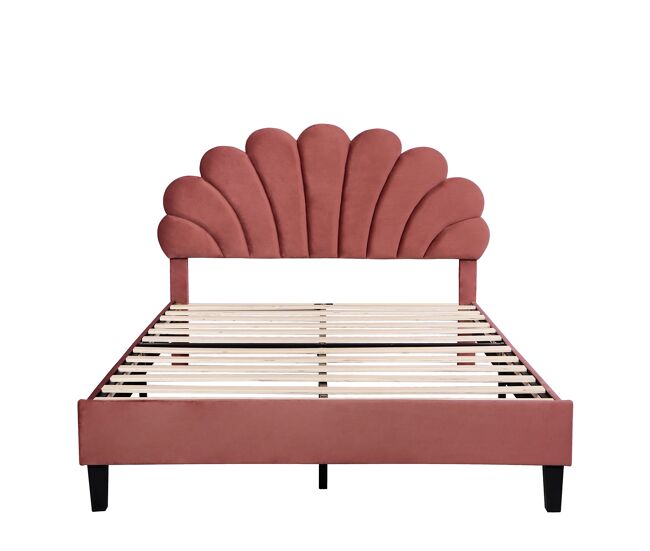 Cama de casal estofada em veludo - 140x200cm - cabeceira em forma de flor - com estrado de ripas - vermelho