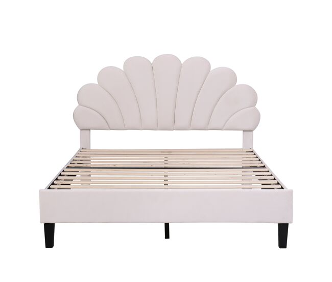 Cama de casal estofada em veludo - 140x200cm - cabeceira em forma de flor - com estrado de molas - bege