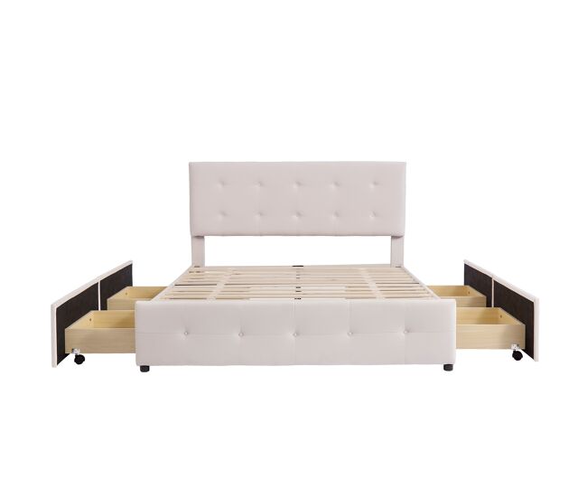 Cama de casal estofada em veludo - 140x200cm - com 4 gavetas e estrado de molas - bege