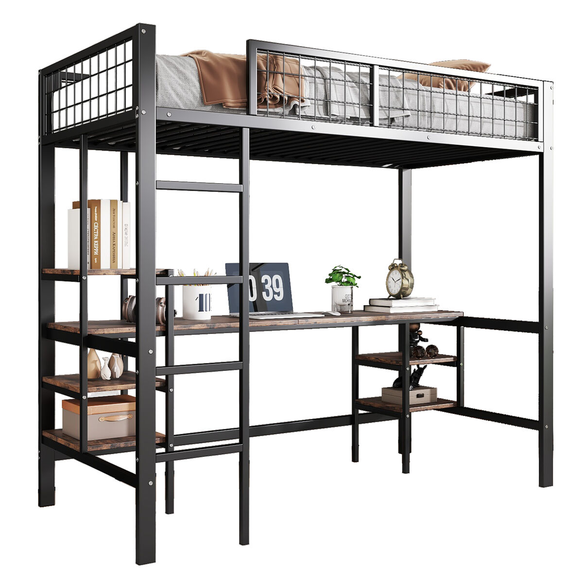 Cama alta para crianças,cama de solteiro de metal 90x200cm,preto