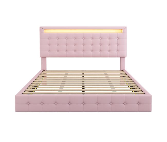 Cama para adultos 140x200cm - com led e controlo remoto - em imitação de pele - rosa