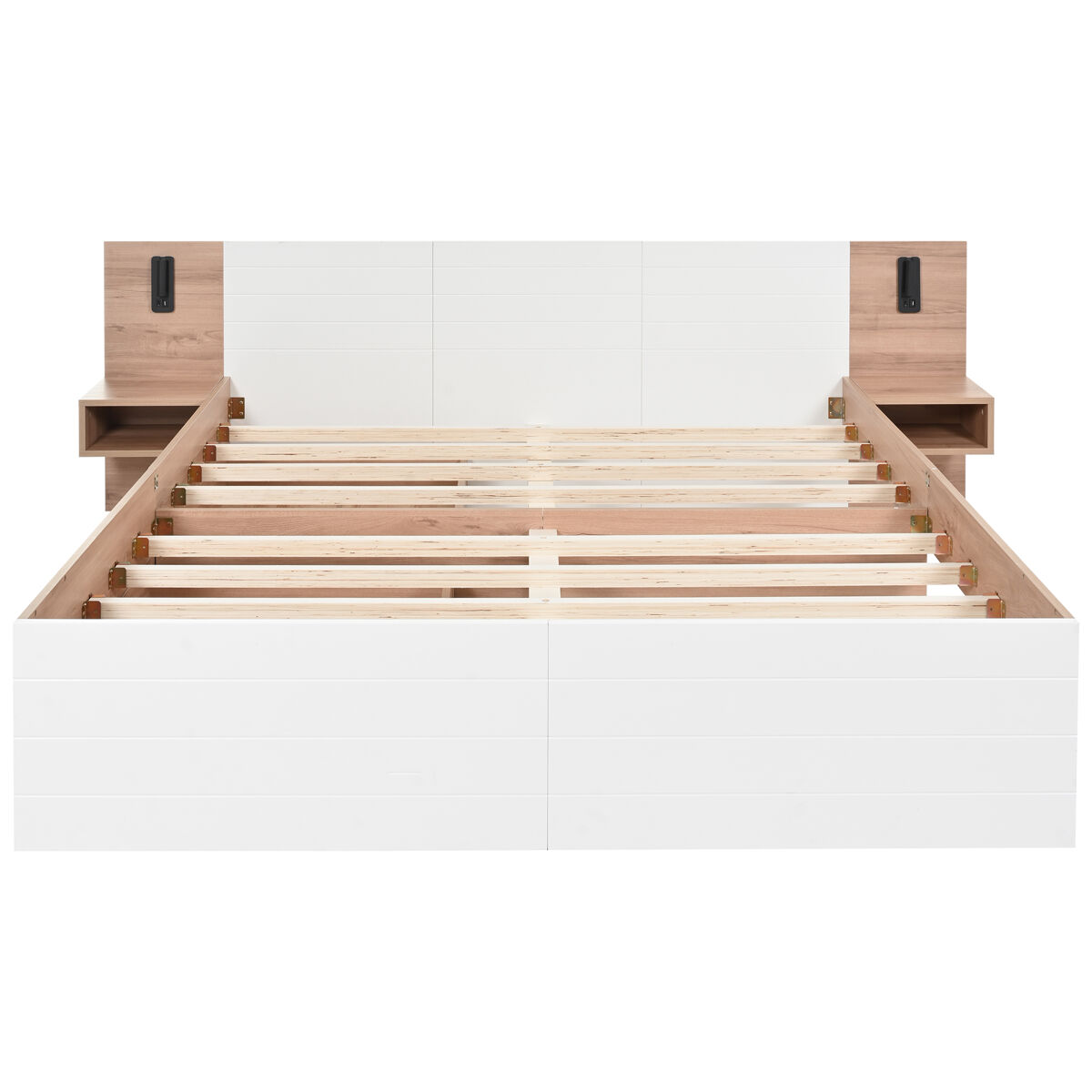 Cama de casal em madeira 180x200 cm - com 2 mesas de cabeceira e 2 gavetas - 2 luzes de leitura giratórias com tomada usb - branco e natural (colchão