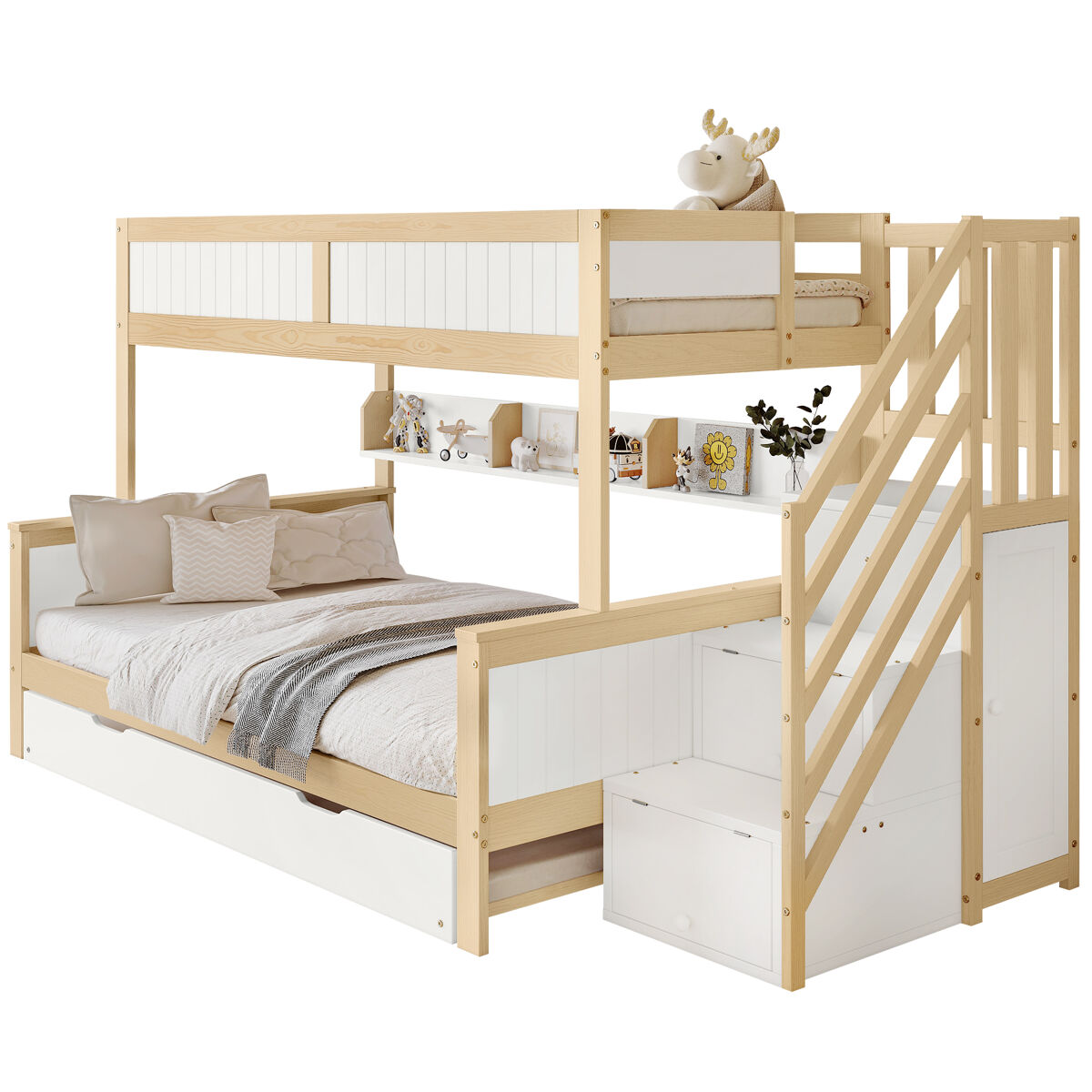 Beliche,cama gavetão de madeira de pinho 90/120x200(90x190)cm,branco+natural