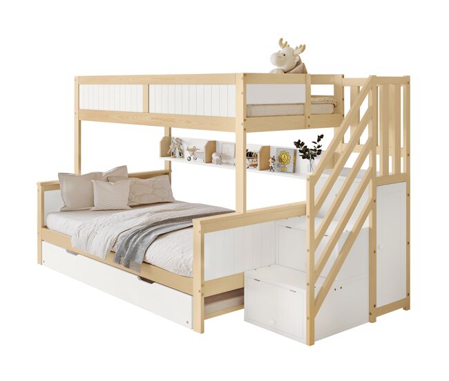 Beliche,cama gavetão de madeira de pinho 90/120x200(90x190)cm,branco+natural