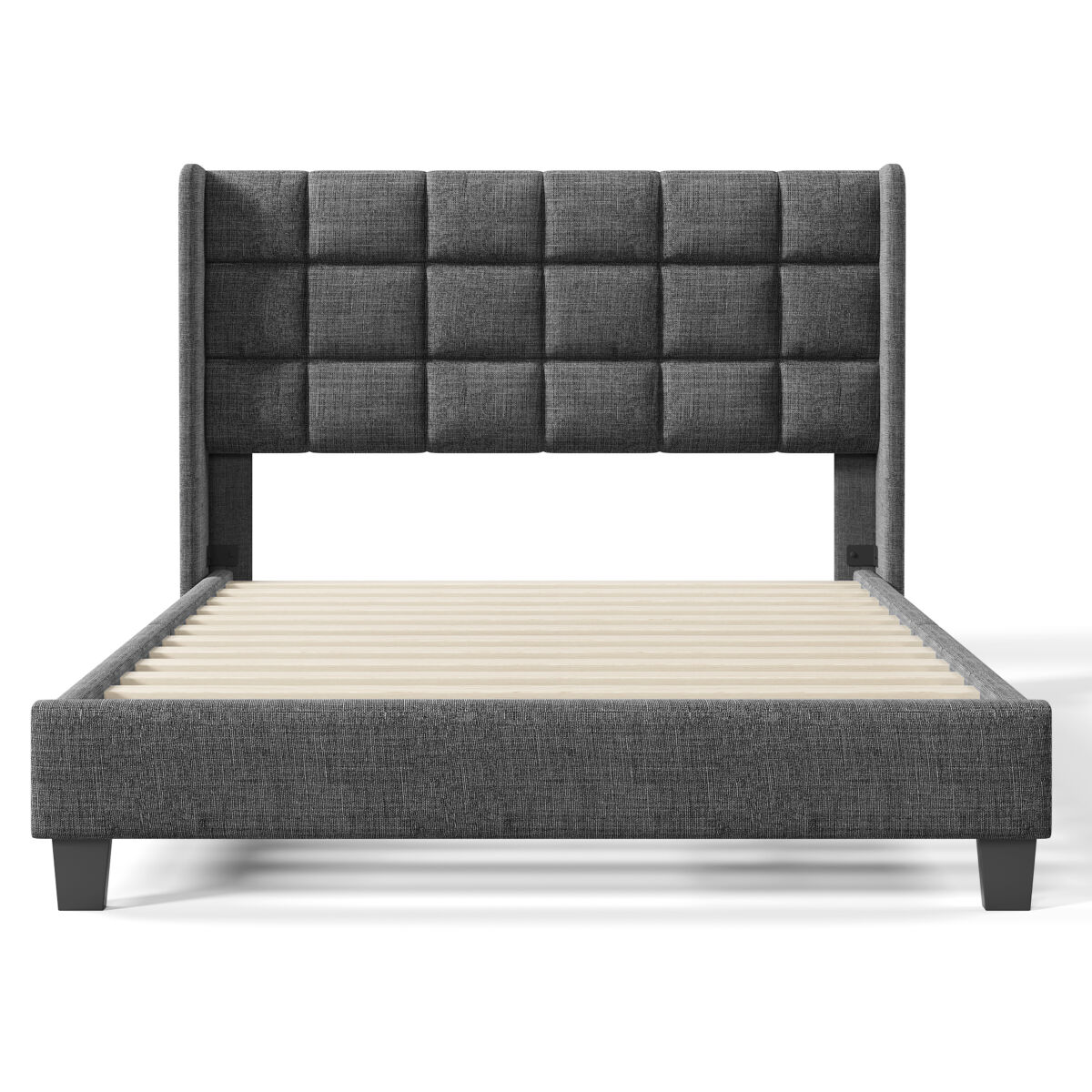 Cama estofada em tecido de linho - 140x200cm - com cabeceira e estrado de molas - cinzento