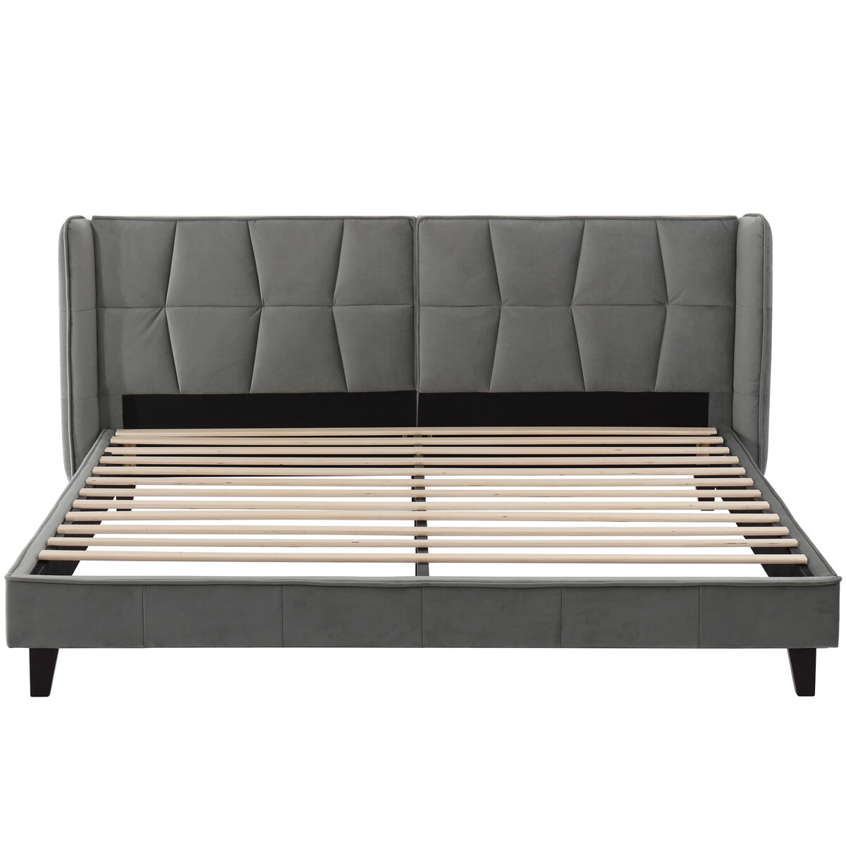 Cama de casal estofada em veludo - 180x200cm - com estrado de molas - cinzento