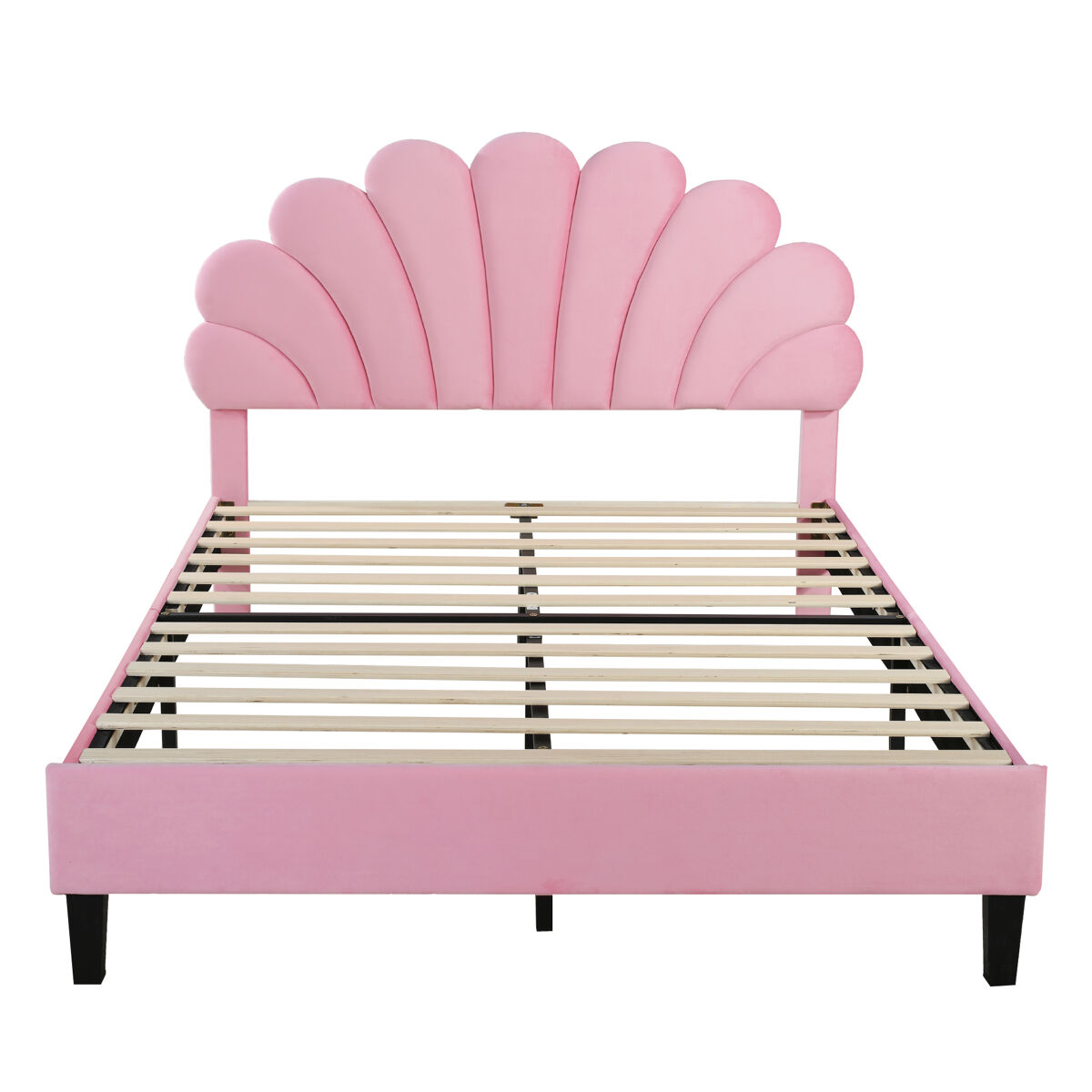 Cama de casal estofada em veludo - 140x200cm - cabeceira em forma de flor - com estrado de ripas - rosa