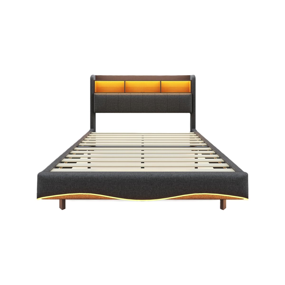 Cama de adulto 140x200 cm em tecido de linho - cabeceira com arrumação com led e fichas - cinzento