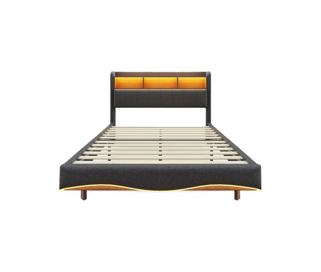 Cama de adulto 140x200 cm em tecido de linho - cabeceira com arrumação com led e fichas - cinzento