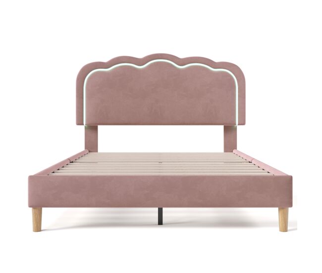 Cama estofada em veludo 140x200 cm - com led e estrado - rosa