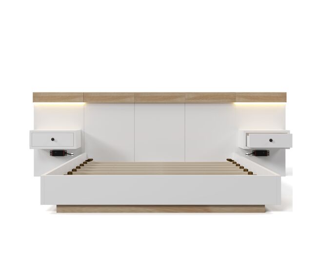 Cama para adultos 180x200 cm com mesas de cabeceira suspensas + portas led e usb + estrado - madeira - branco