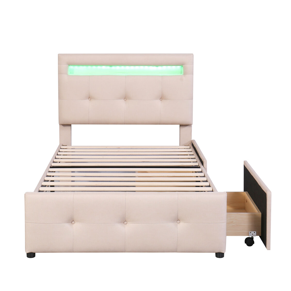 Cama de solteiro 90x200cm em tecido de linho com led e 2 gavetas - bege