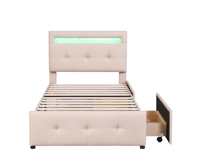 Cama de solteiro 90x200cm em tecido de linho com led e 2 gavetas - bege