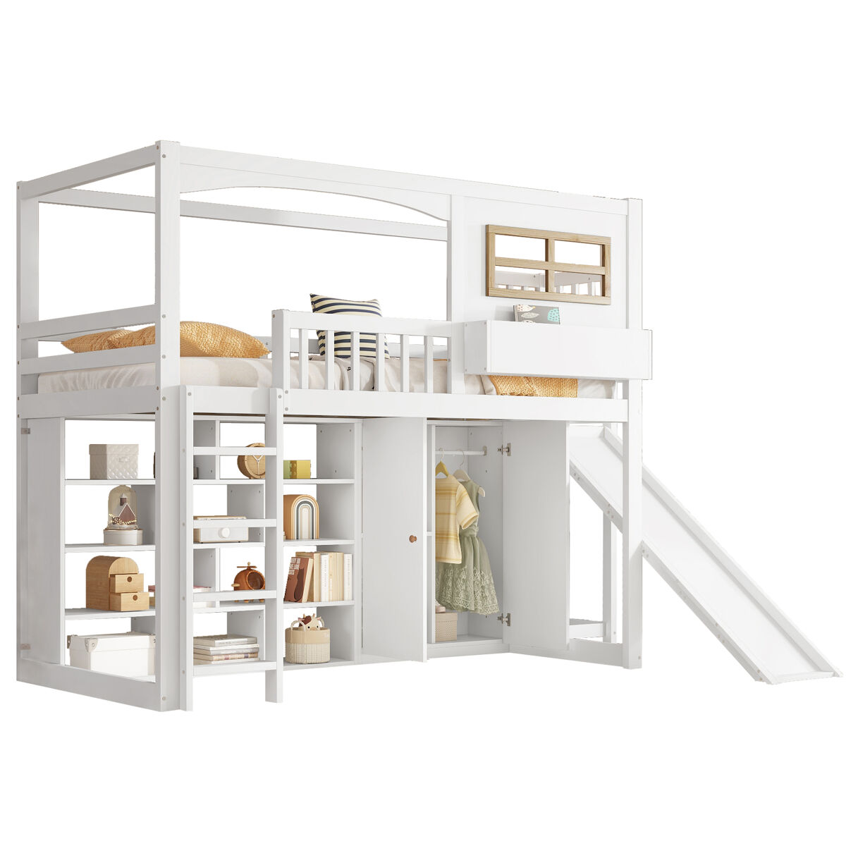 Cama alta para crianças,cama de solteiro de madeira de pinho 90x200cm,branco
