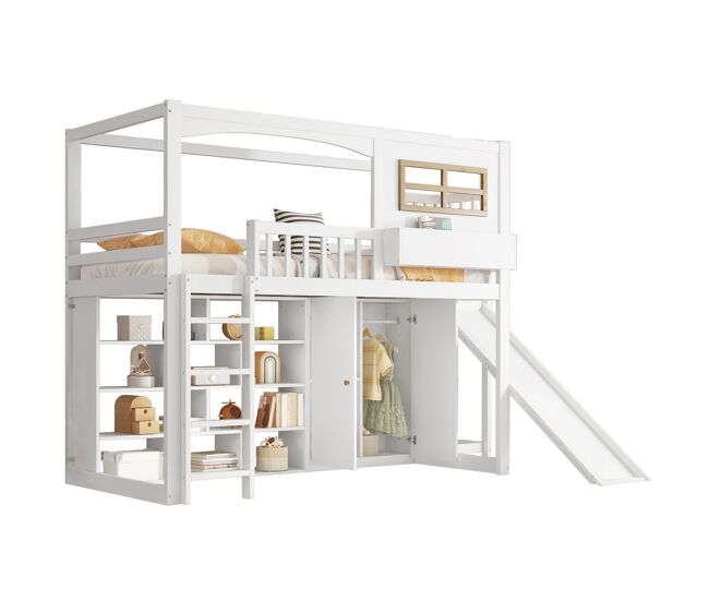 Cama alta para crianças,cama de solteiro de madeira de pinho 90x200cm,branco
