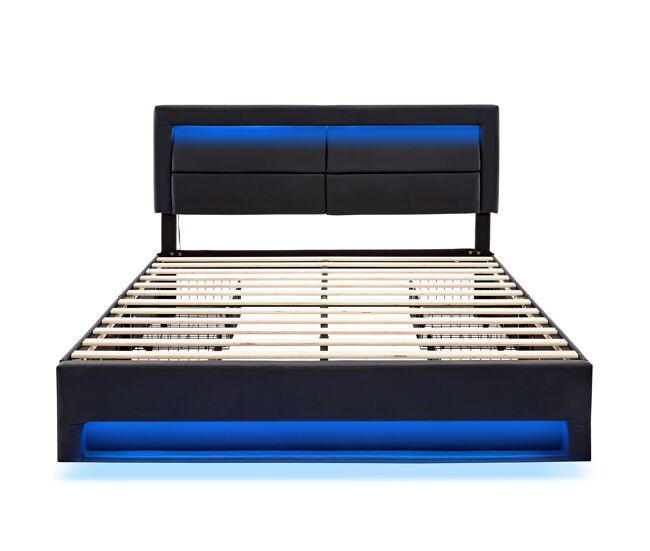 Cama de casal 140x200 cm em imitação de pele com led - 4 gavetas - com portas de carregamento (com e sem fios) - preto