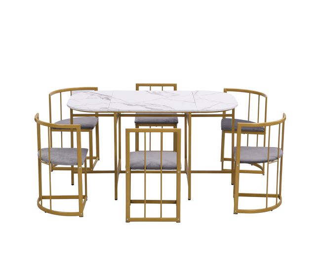 Conjunto de mesa e 6 cadeiras - cadeiras com almofada de assento e encosto - dourado