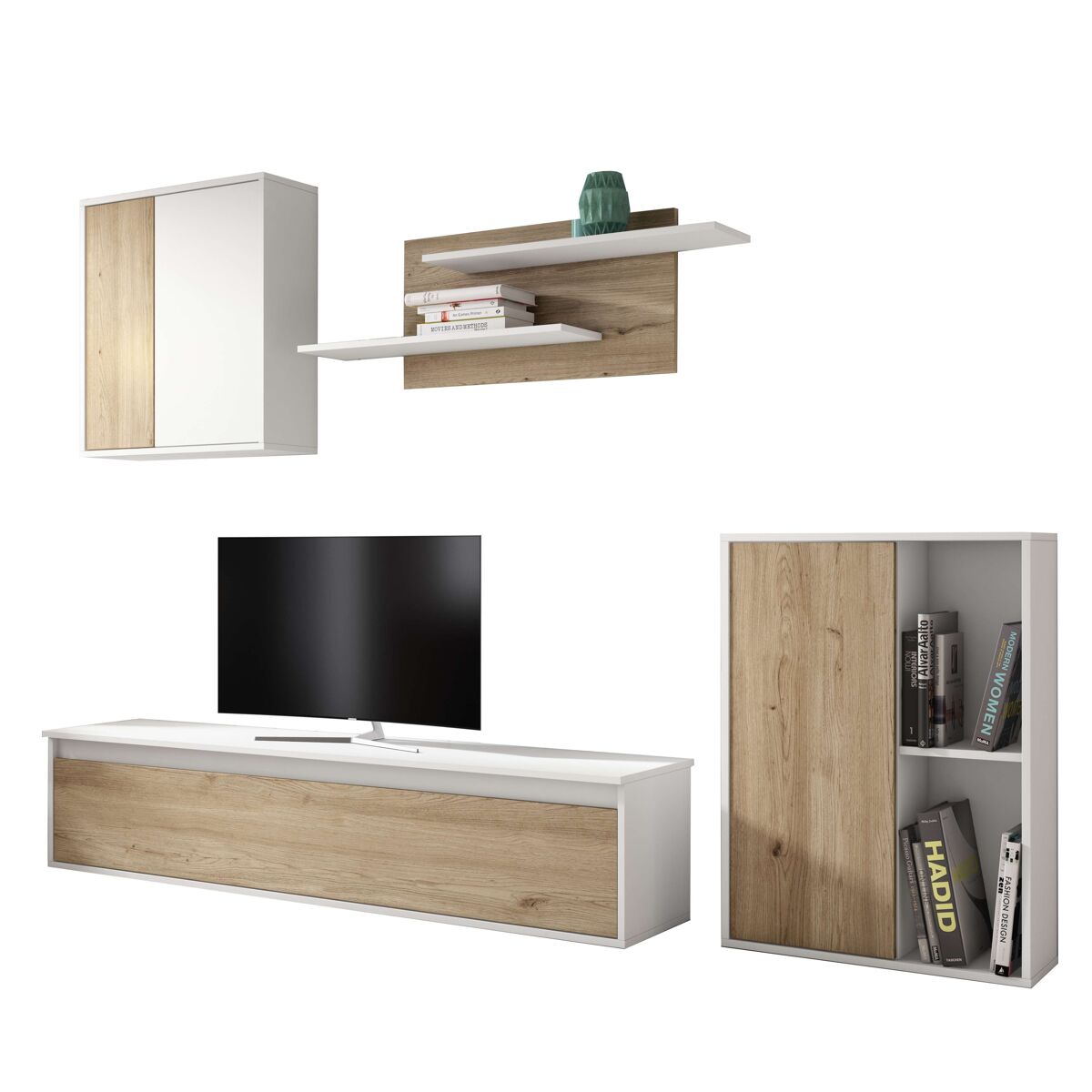 Conjunto de móveis para sala de estar e jantar legos com 3 módulos, blanc fosco e carvalho natural, étagères e armazenamento, 220 cm