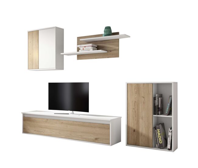 Conjunto de móveis para sala de estar e jantar legos com 3 módulos, blanc fosco e carvalho natural, étagères e armazenamento, 220 cm