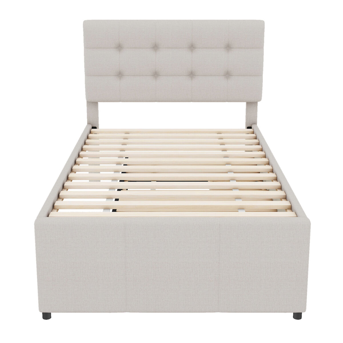 Cama estofada 90x200cm com cama de rodízio 90x190cm - em tecido de linho - com 3 gavetas e estrado de molas - bege