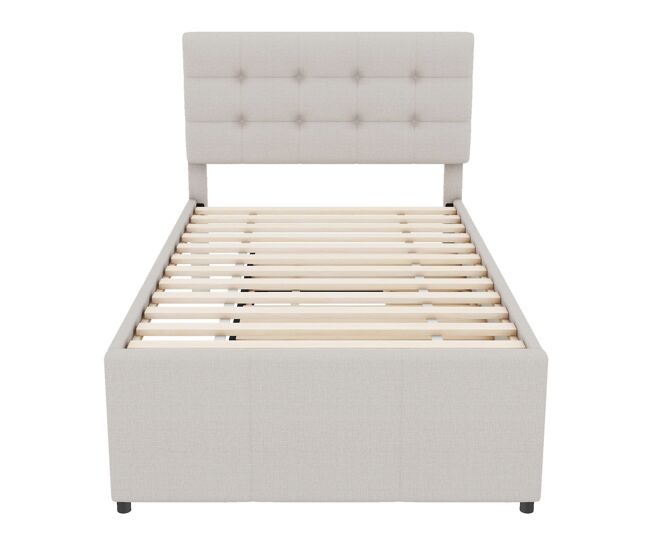 Cama estofada 90x200cm com cama de rodízio 90x190cm - em tecido de linho - com 3 gavetas e estrado de molas - bege