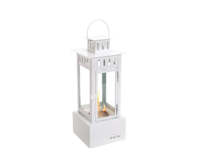 Lareira a etanol em metal com um depósito de 0,5l. o seu design em forma de lanterna é moderno e prático. os seus quatro vidros temperados contêm