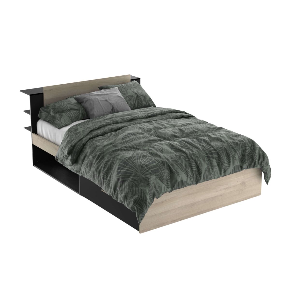 Cama de casal life em carvalho kronberg e preto fosco com cabeceira e 2 gavetas 135/140x190/200 cm