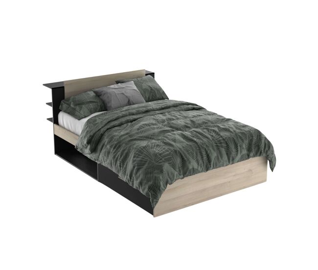 Cama de casal life em carvalho kronberg e preto fosco com cabeceira e 2 gavetas 135/140x190/200 cm