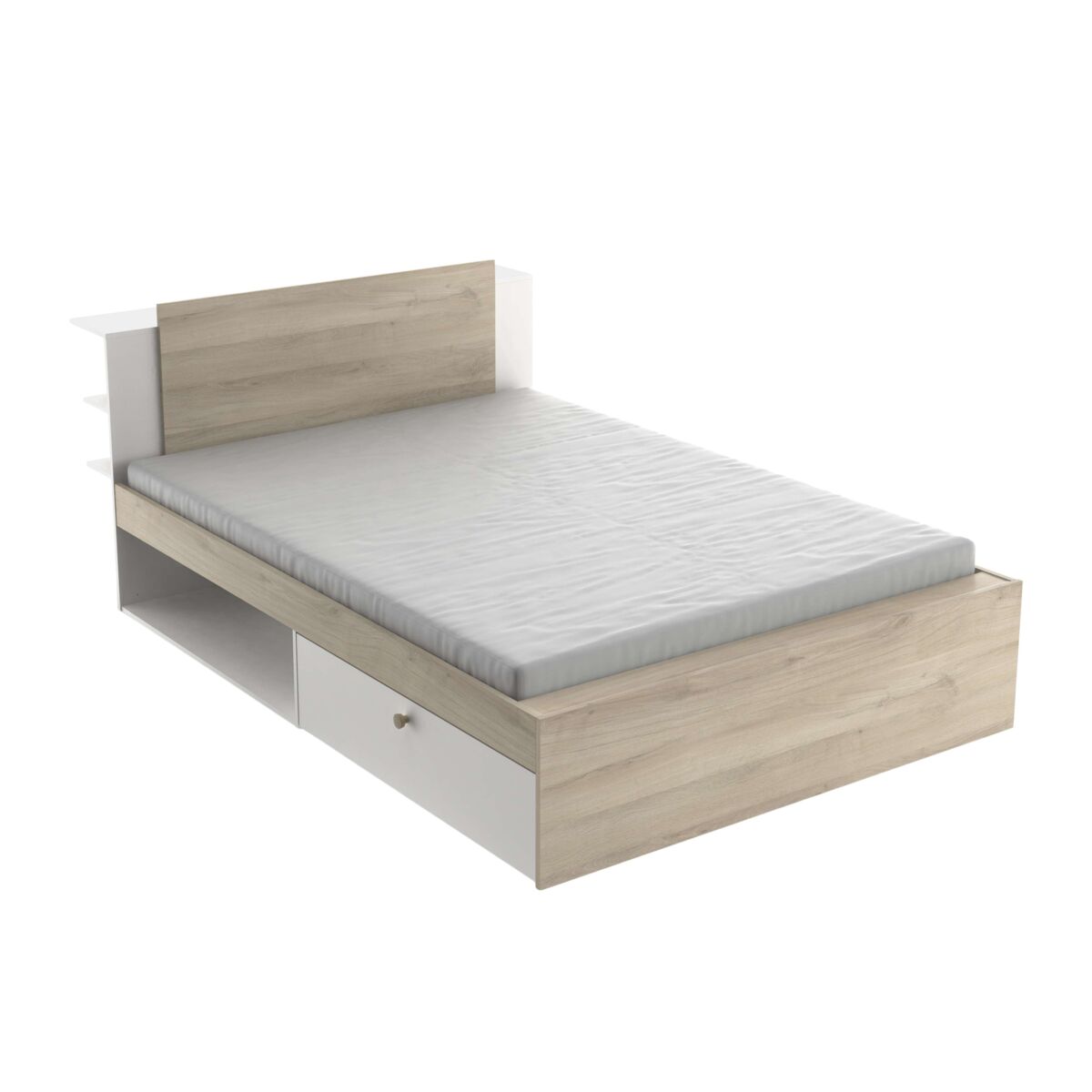 Cama de casal life em carvalho kronberg e branco fosco com cabeceira e 2 gavetas 135-140x190-200 cm