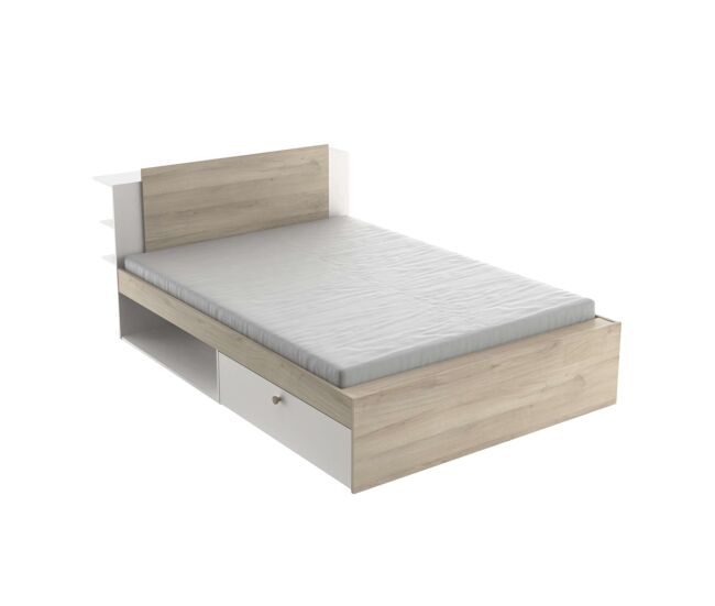 Cama de casal life em carvalho kronberg e branco fosco com cabeceira e 2 gavetas 135-140x190-200 cm