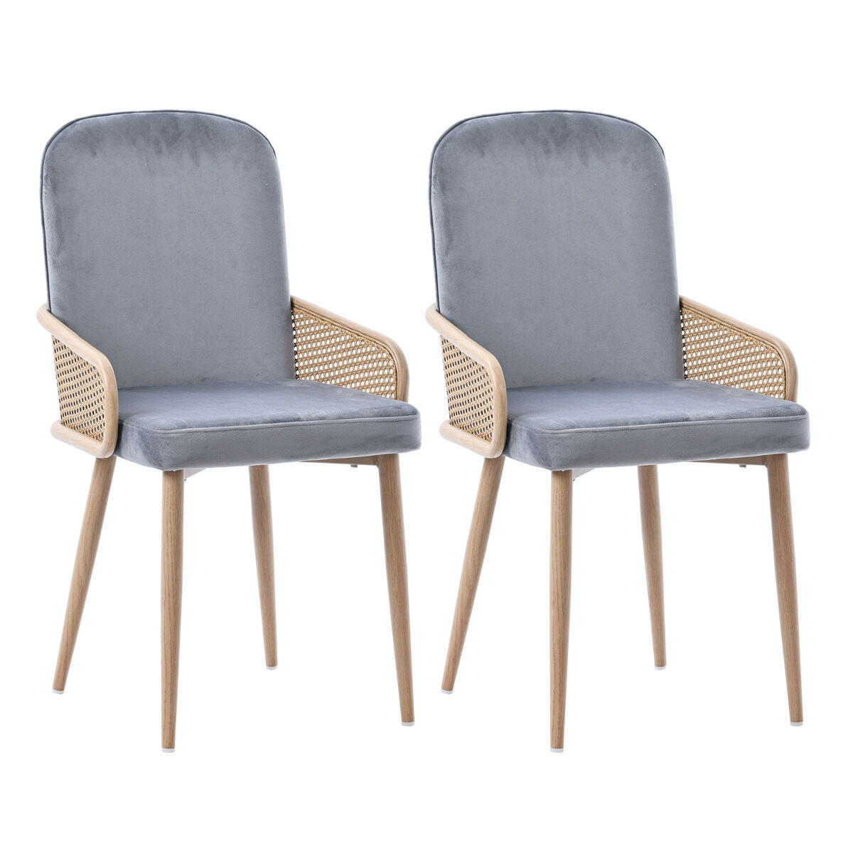 Conjunto de 2 cadeiras de veludo com braços de rotim - 4 pés de metal natural - cinzento