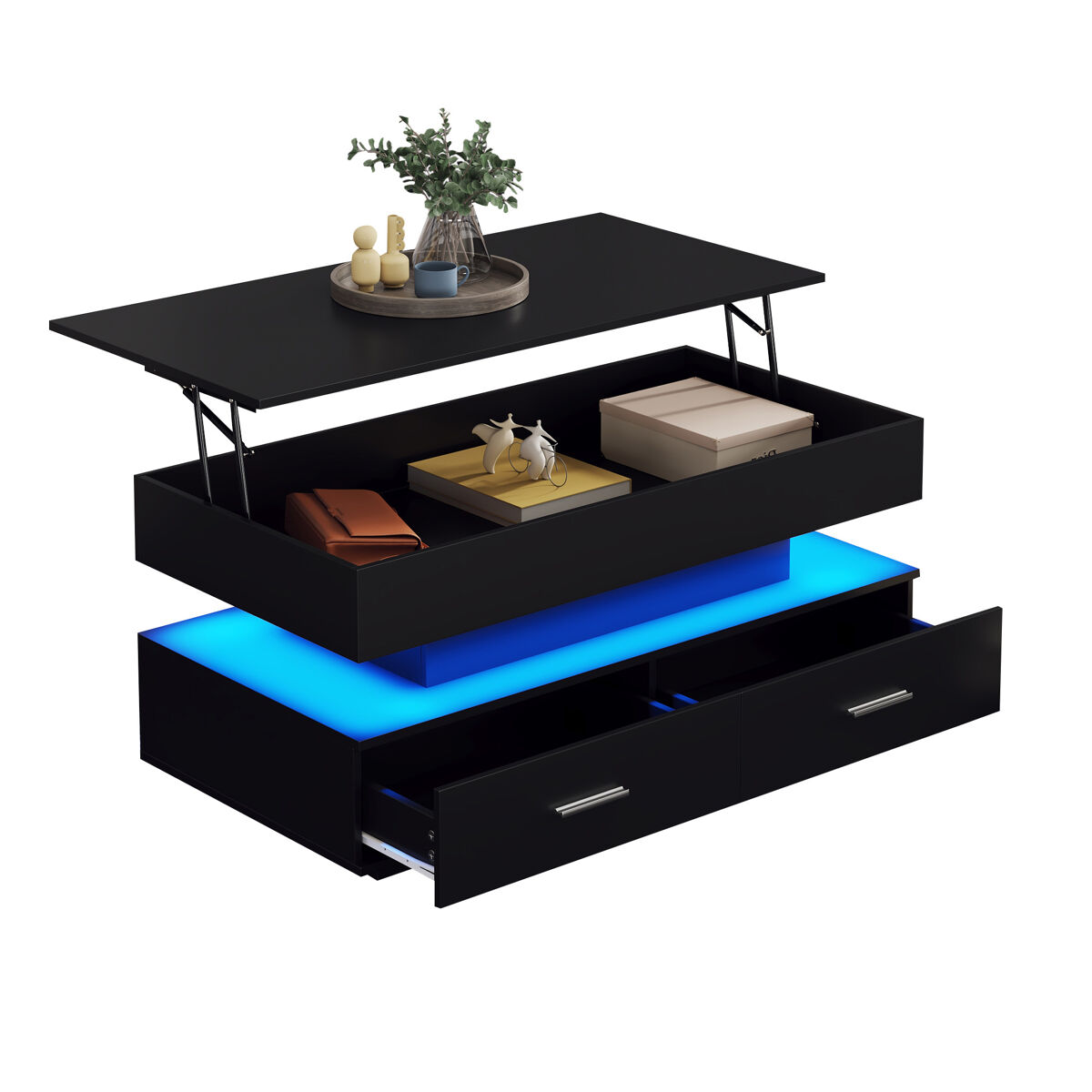 Mesa de centro elevável retangular de painel de partículas com 2 gavetas e luz led,preto