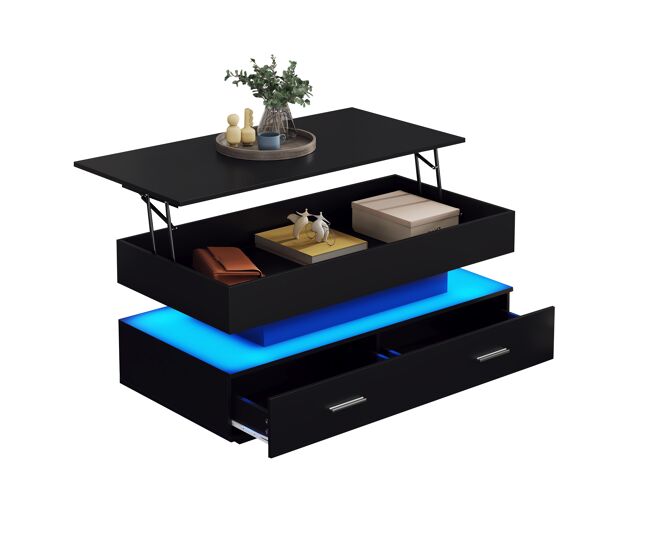 Mesa de centro elevável retangular de painel de partículas com 2 gavetas e luz led,preto