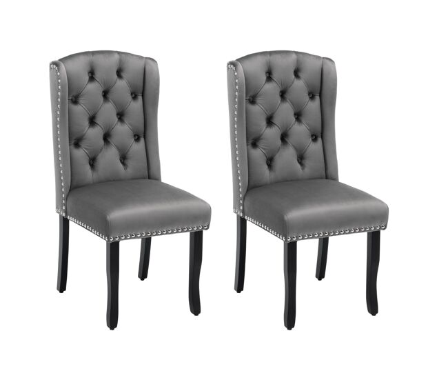 Conjunto de 2 cadeiras de veludo com pernas de carvalho - decoradas com rebites - cinzento