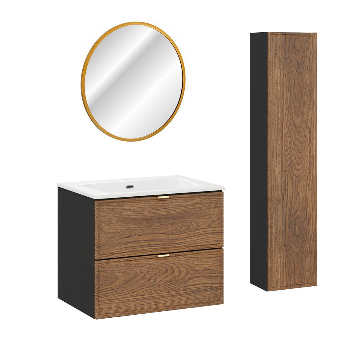 Conjunto móvel lavatório simples encastrável 60cm enceinte e espelho elena madeira e noir