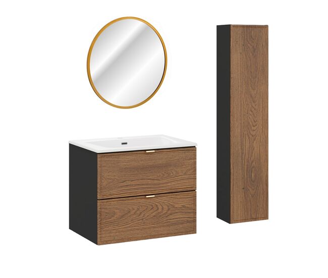 Conjunto móvel lavatório simples encastrável 60cm enceinte e espelho elena madeira e noir