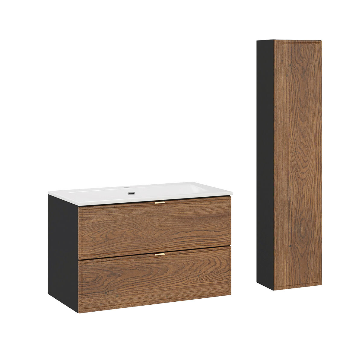 Conjunto móvel lavatório simples encastrável 80cm e coluna elena madeira e preto