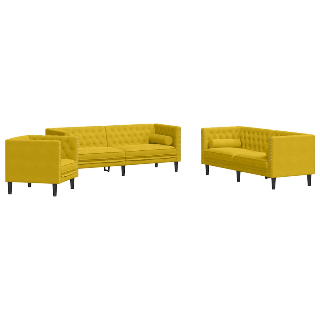 Vidaxl 3 pcs conjunto de sofás chesterfield com rolos veludo jaune