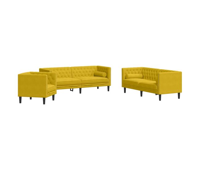 Vidaxl 3 pcs conjunto de sofás chesterfield com rolos veludo jaune