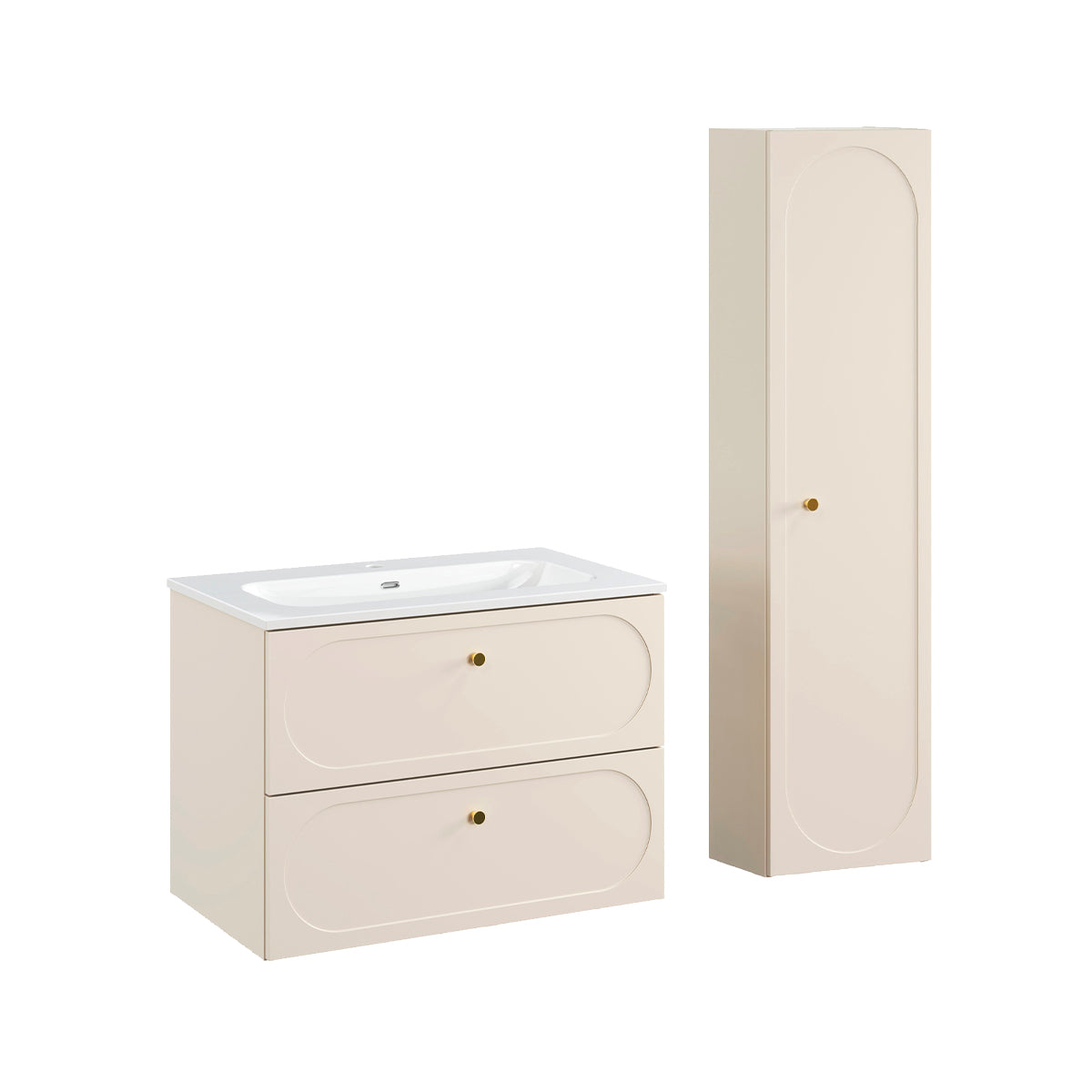 Conjunto móvel de lavatório individual 80 cm com lavatório incorporado e móvel alto sanae bege areia