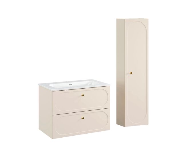 Conjunto móvel de lavatório individual 80 cm com lavatório incorporado e móvel alto sanae bege areia