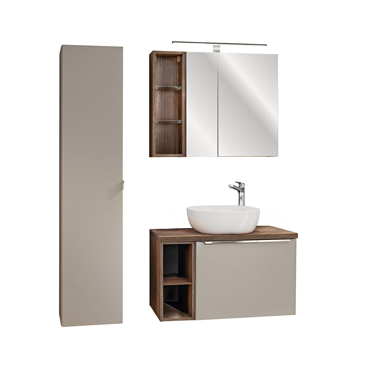 Conjunto móvel lavatório individual 80cm 2 nichos coluna armário mural éros taupe